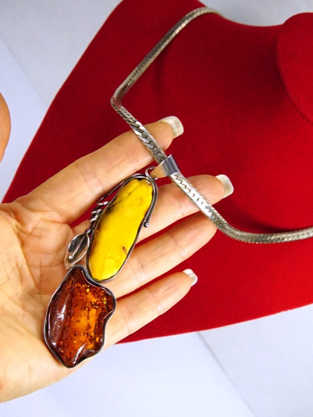 Baltic Amber & Sterling Silver Calla Lily Pendant: Egg Yolk, Cognac, Flat Chain